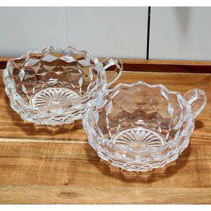 2 Fostoria American Cubist Glass Bowl 4.5" Round Dish + Square Nappy handled 80s